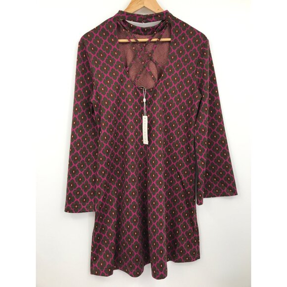 Trina Turk Floral A Line Mock Neck Criss Cross Strap Back Knit Dress Large NEW - Picture 4 of 8